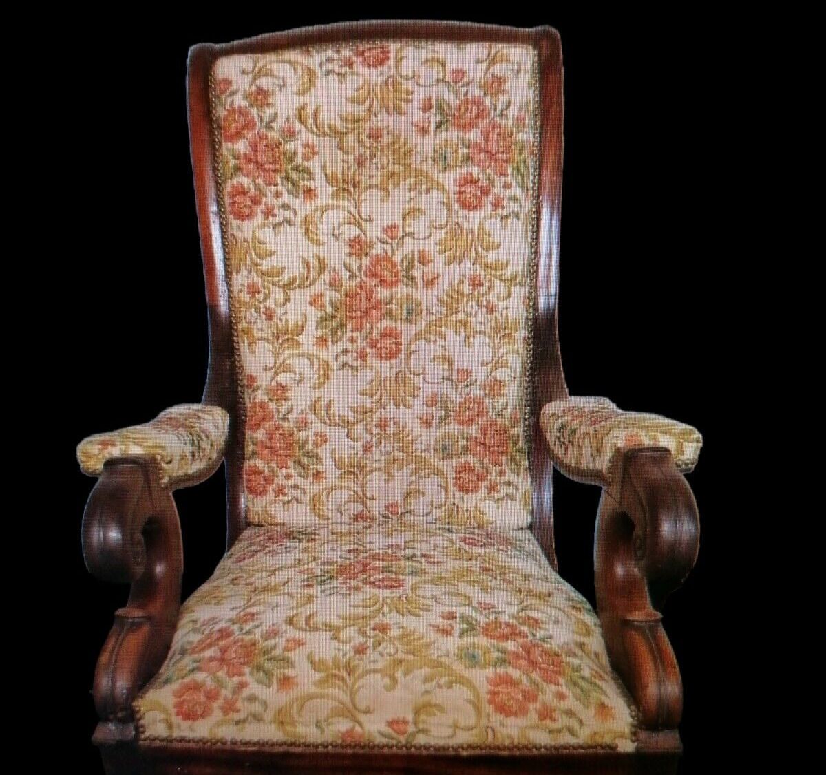 Heavy French Antique High Back Mahogany Wheels Chair photo for sale