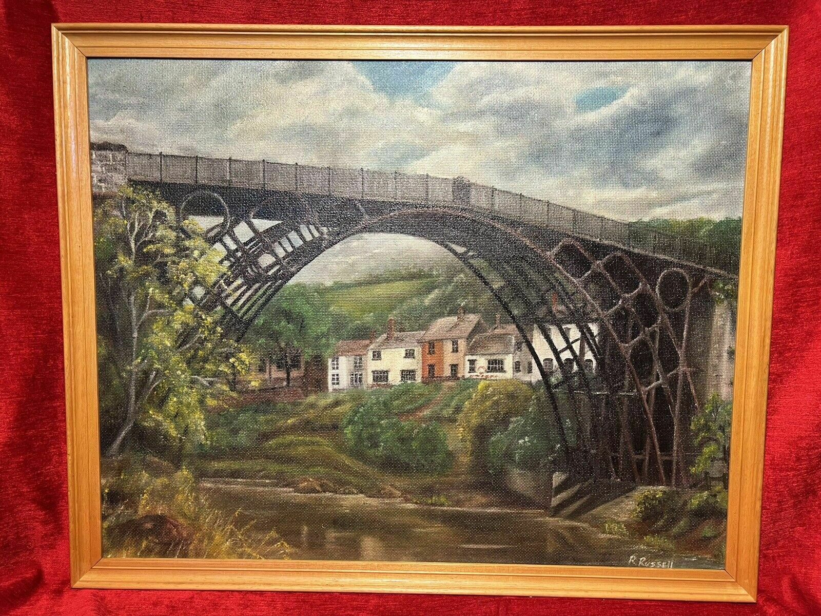 Historic Monument Iron Bridge Shropshire 1779 Oil Painting Signed R Russell photo furniture