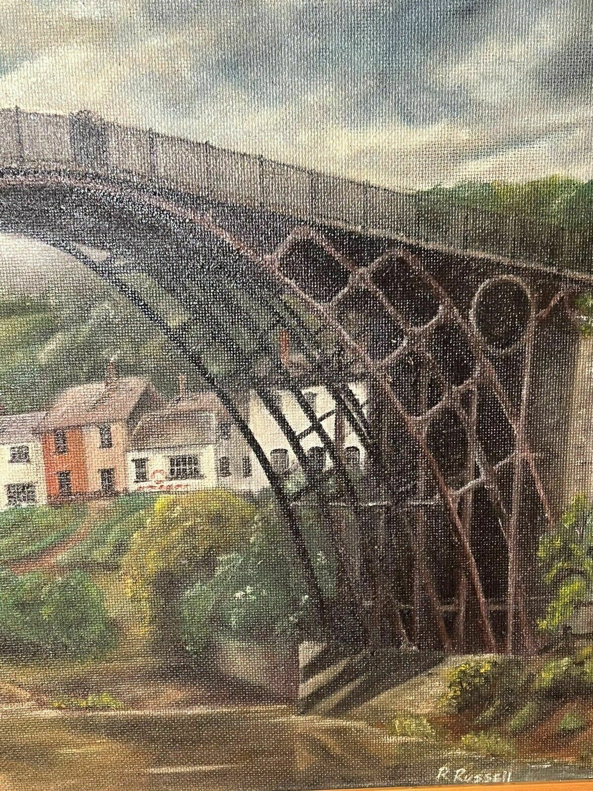 Historic Monument Iron Bridge Shropshire 1779 Oil Painting Signed R Russell photo buy
