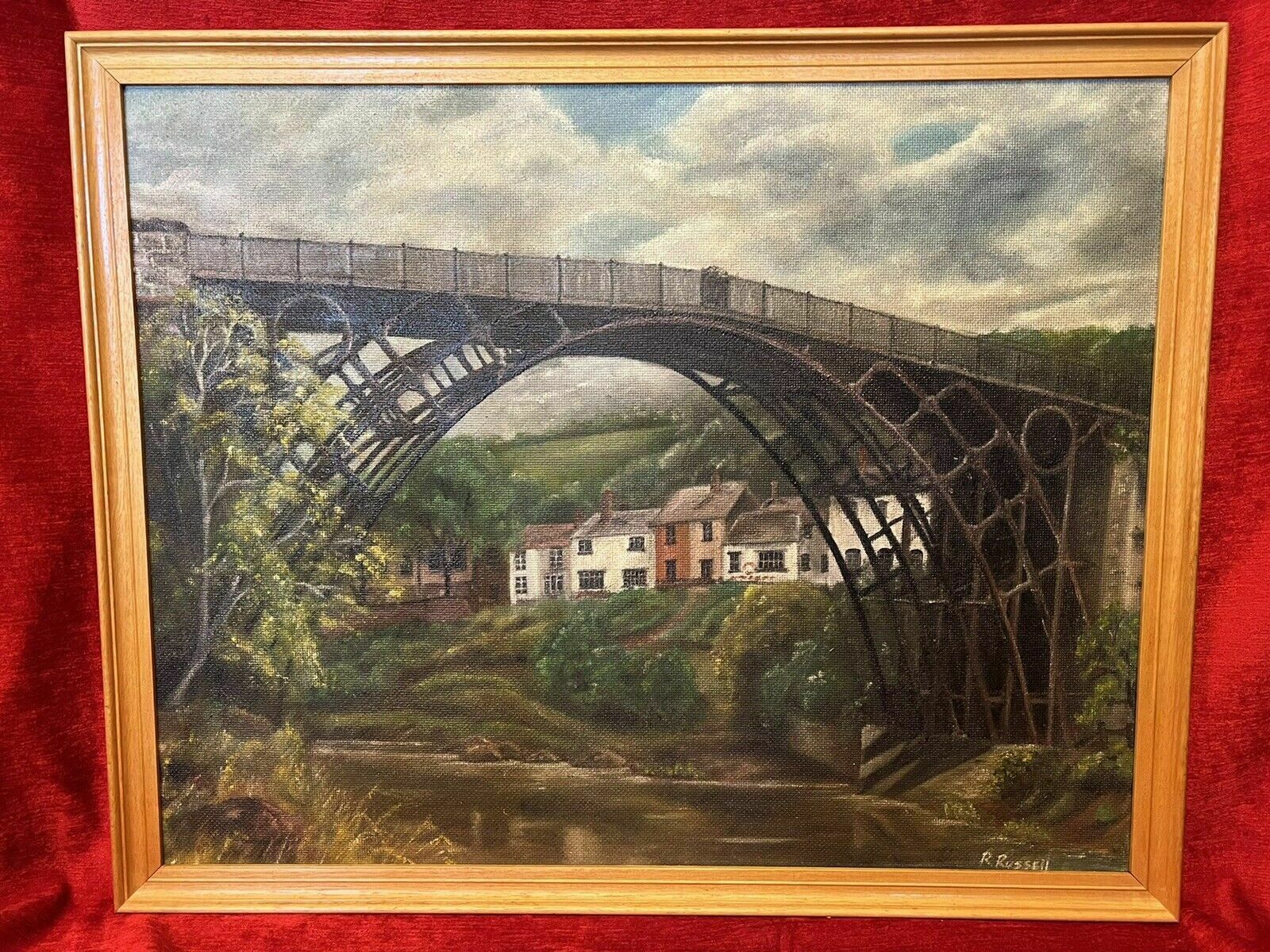 Art Historic Monument Iron Bridge Shropshire 1779 Oil Painting Signed R Russell photo