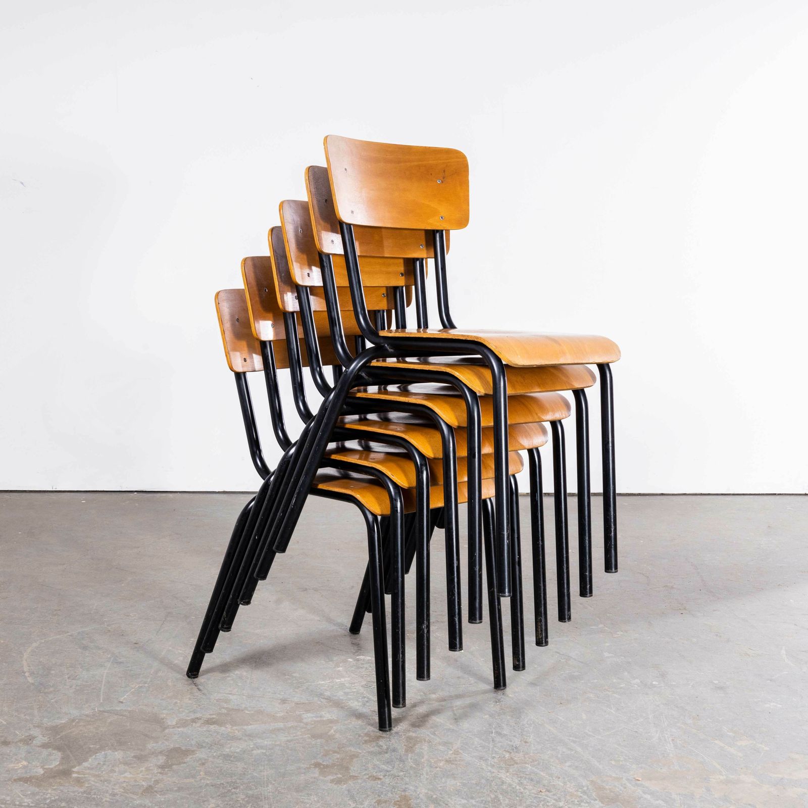 1960’s Original Black French Stacking University Dining Chairs Slim Back – Set Of Six photo for sale