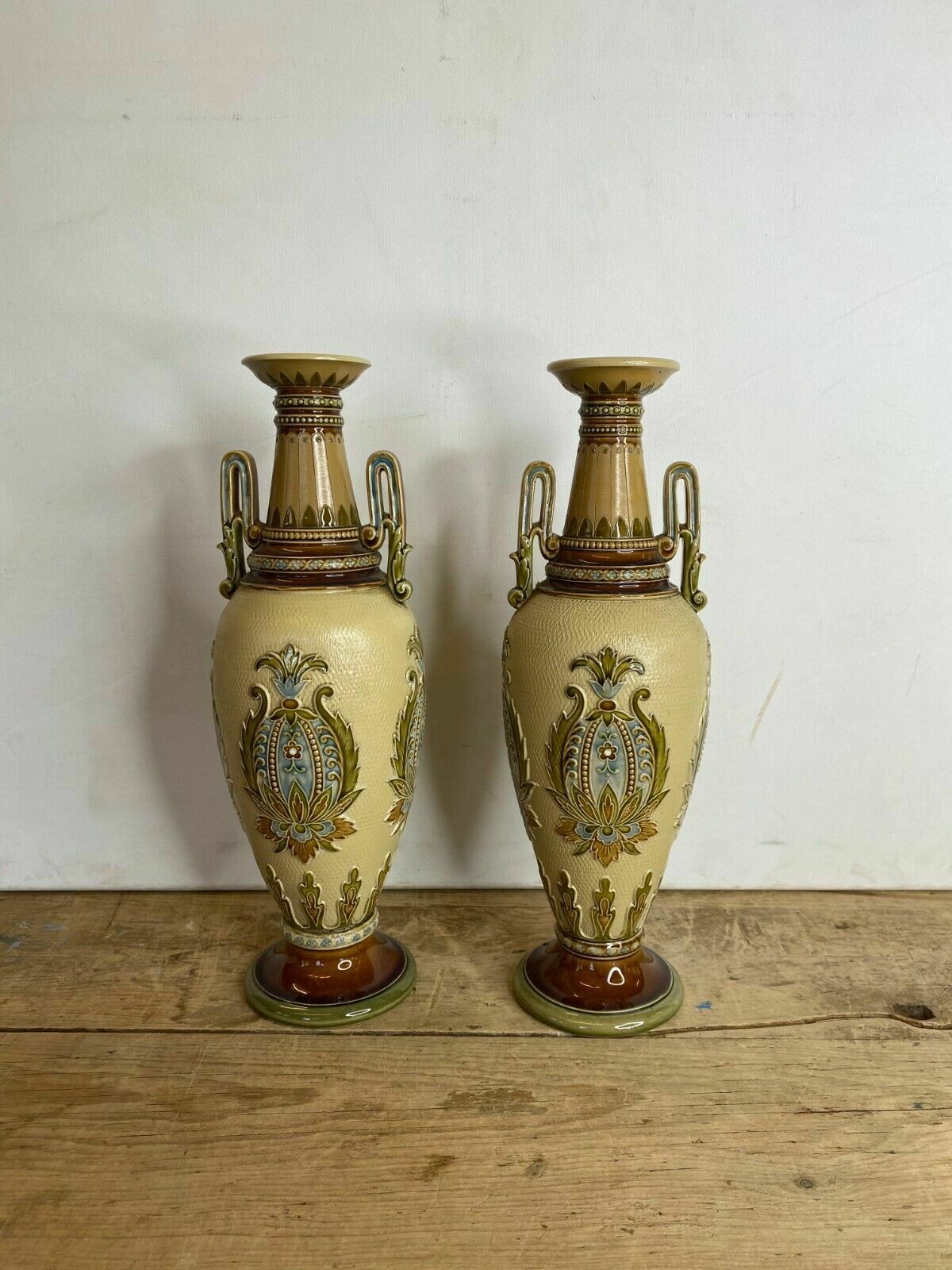 Pair Of Seltene Grooved Vases Villeroy & Boch Mettlach 2505   One Repaired