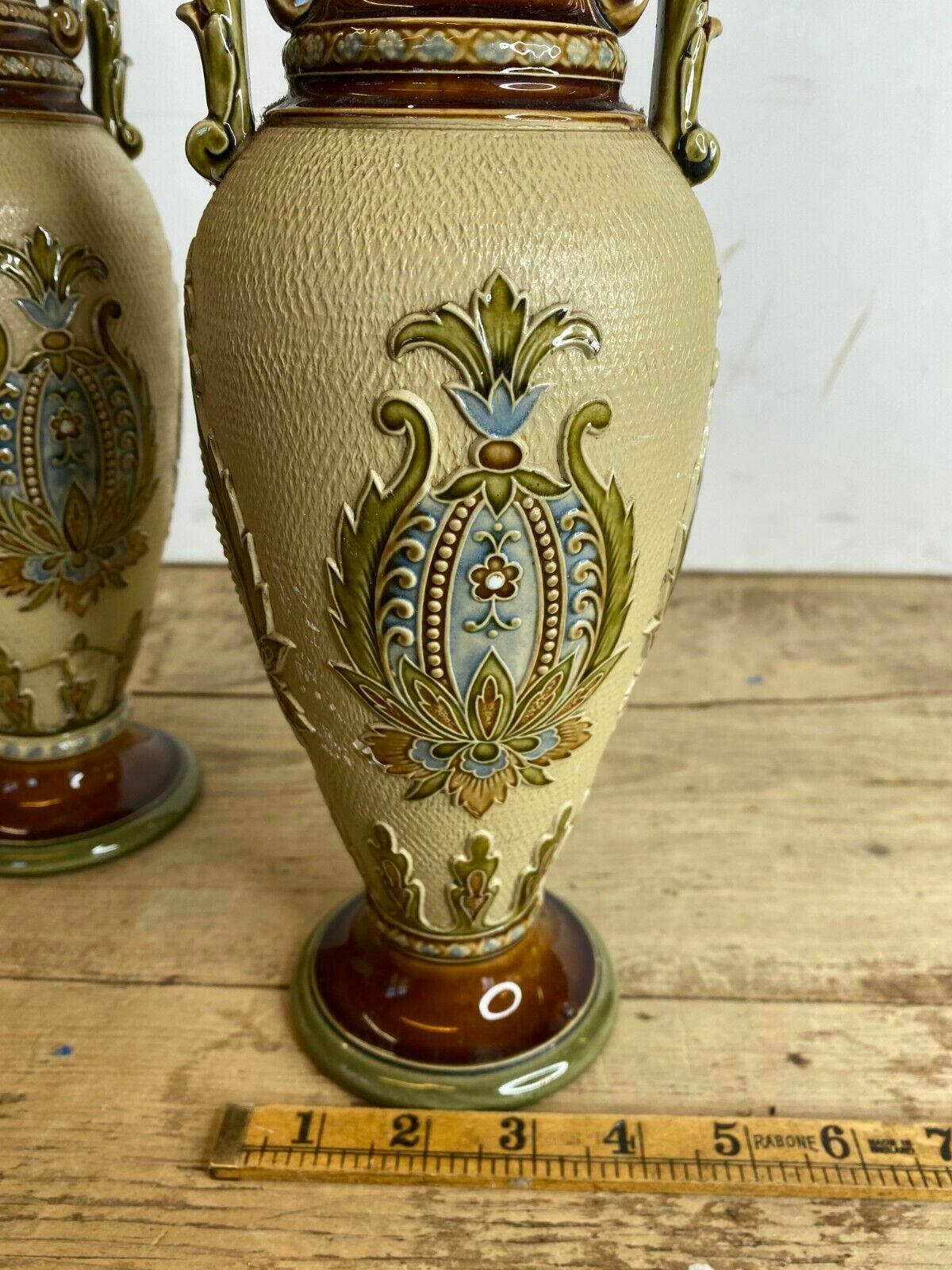 180.0 Pair Of Seltene Grooved Vases Villeroy & Boch Mettlach 2505   One Repaired photo