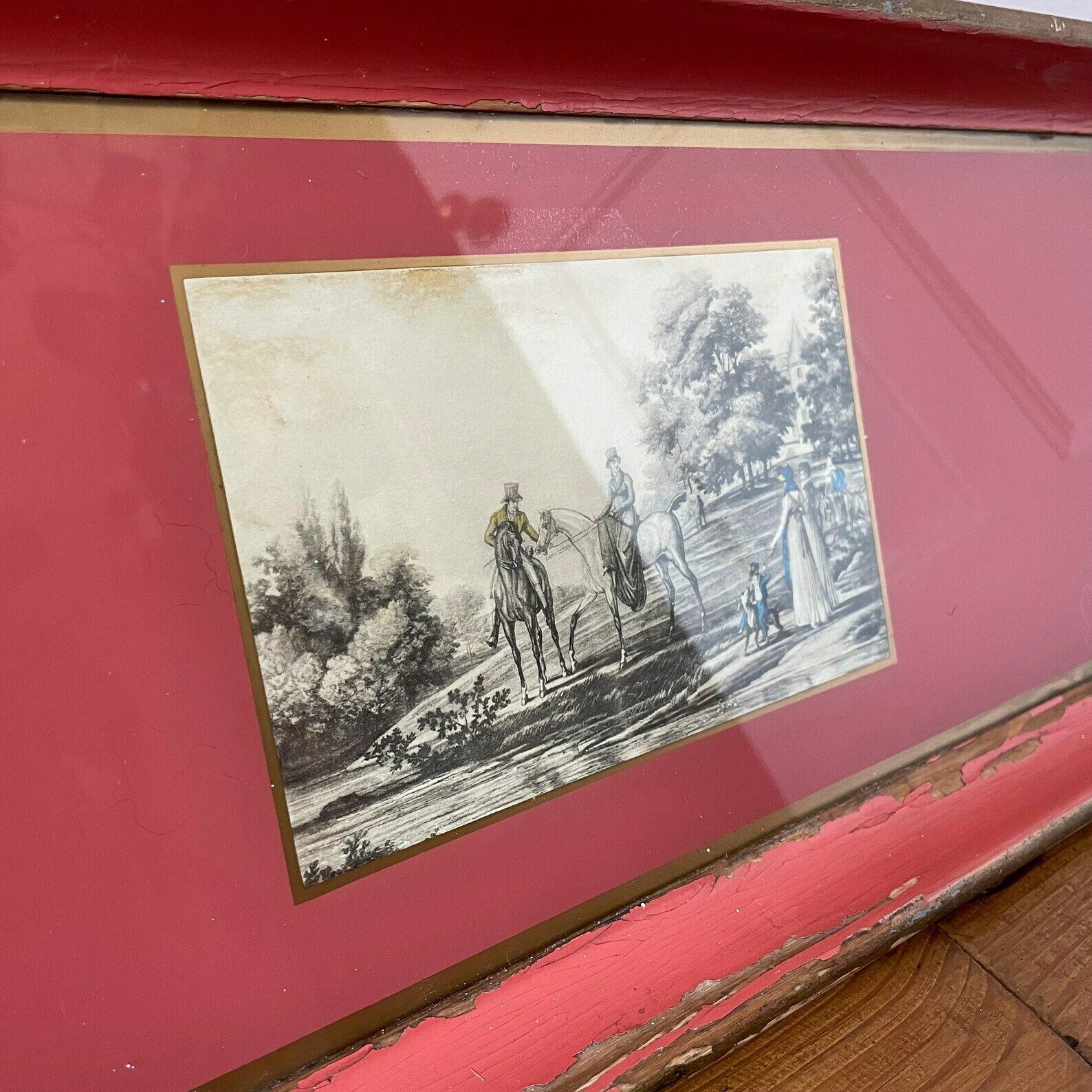 Antique Wooden Tray Display Wood Red Gold Rectangle Decorative Aged Patina Painted Photo Glass Inlay Handles Handmade photo Home Decor