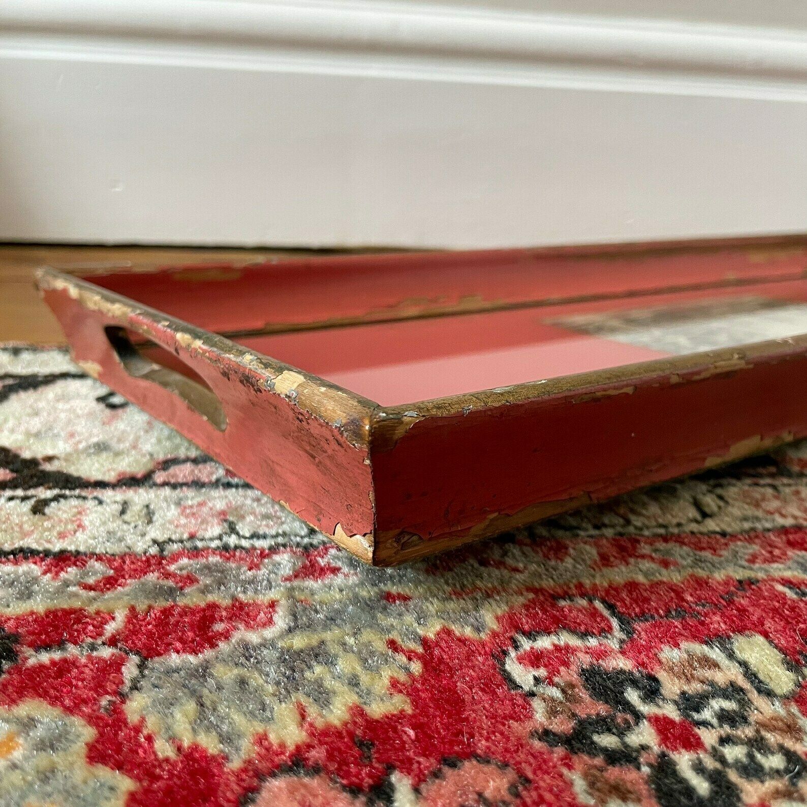 Antique Wooden Tray Display Wood Red Gold Rectangle Decorative Aged Patina Painted Photo Glass Inlay Handles Handmade photo vintage