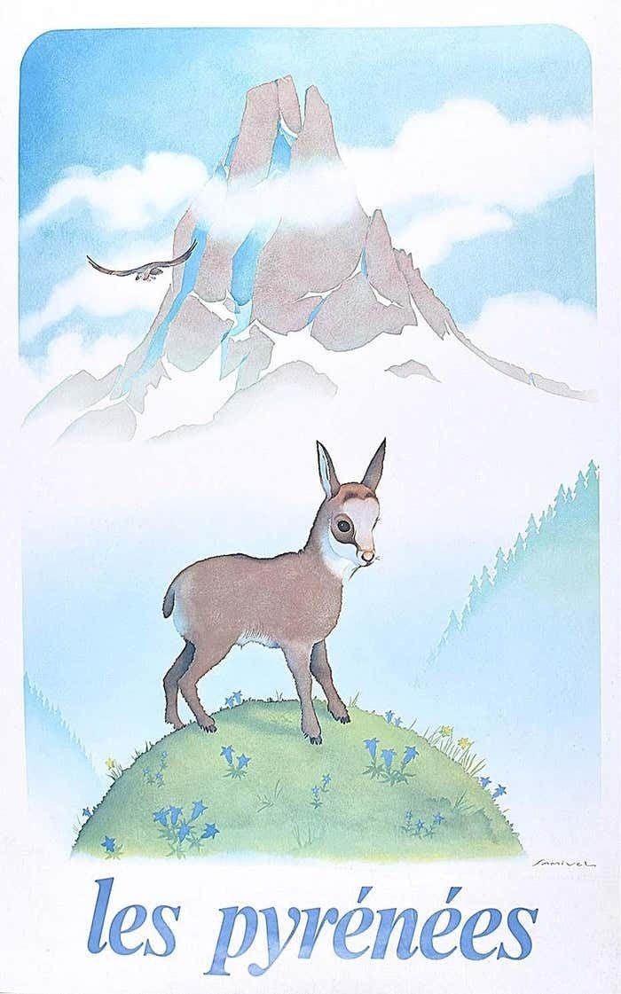 Samivel Paul Saygın Tancrede Samivel   Original Ski Poster: Les Pyrénées France French Mountains Goat Eagle