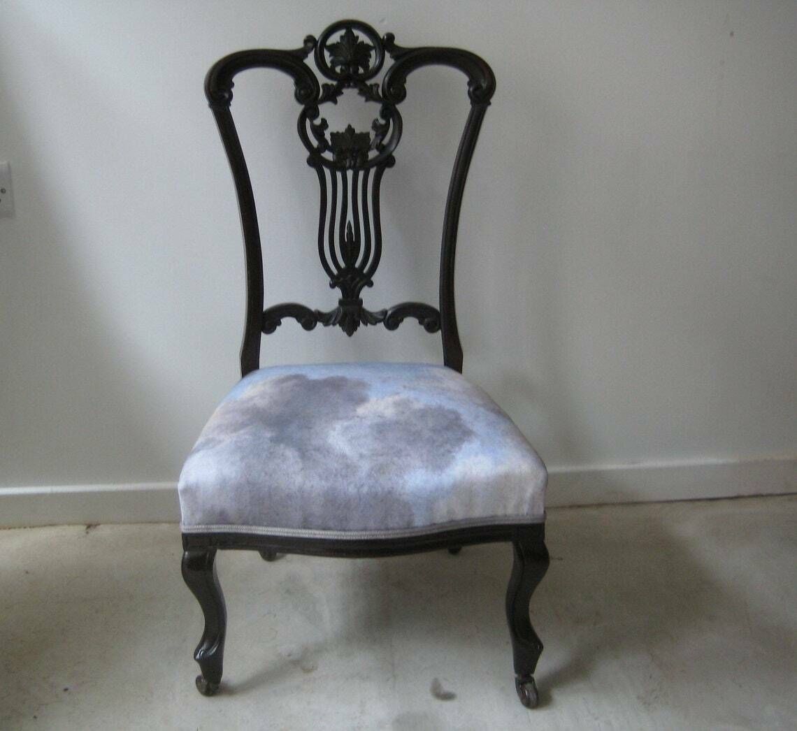 Antique Solid Wood Nursing Chair, Traditionally Upholstered With Grey Cloudscape Cotton Fabric
