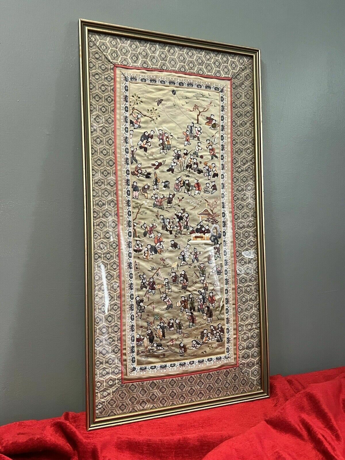 Oriental Chinese Guó Huà Traditional 100 Children At Play Silk Work Embroidery photo vintage