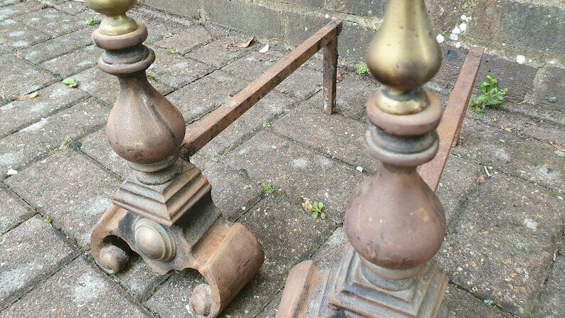 Pair Of Vintage Iron And Brass Fire Dogs Fireplace Fire Basket photo buy