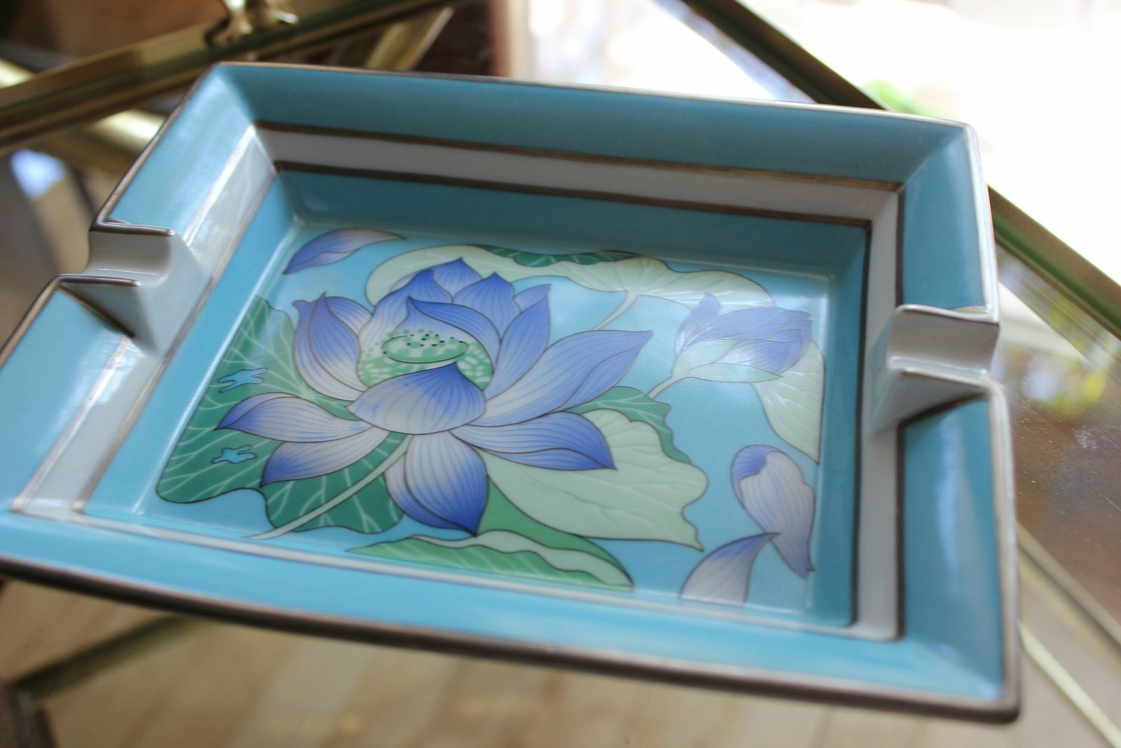 Hermes Porcelain Blue Flowers Ashtray Limoges French Porcelain Two Cigarette Cigars Ash Tray photo furniture