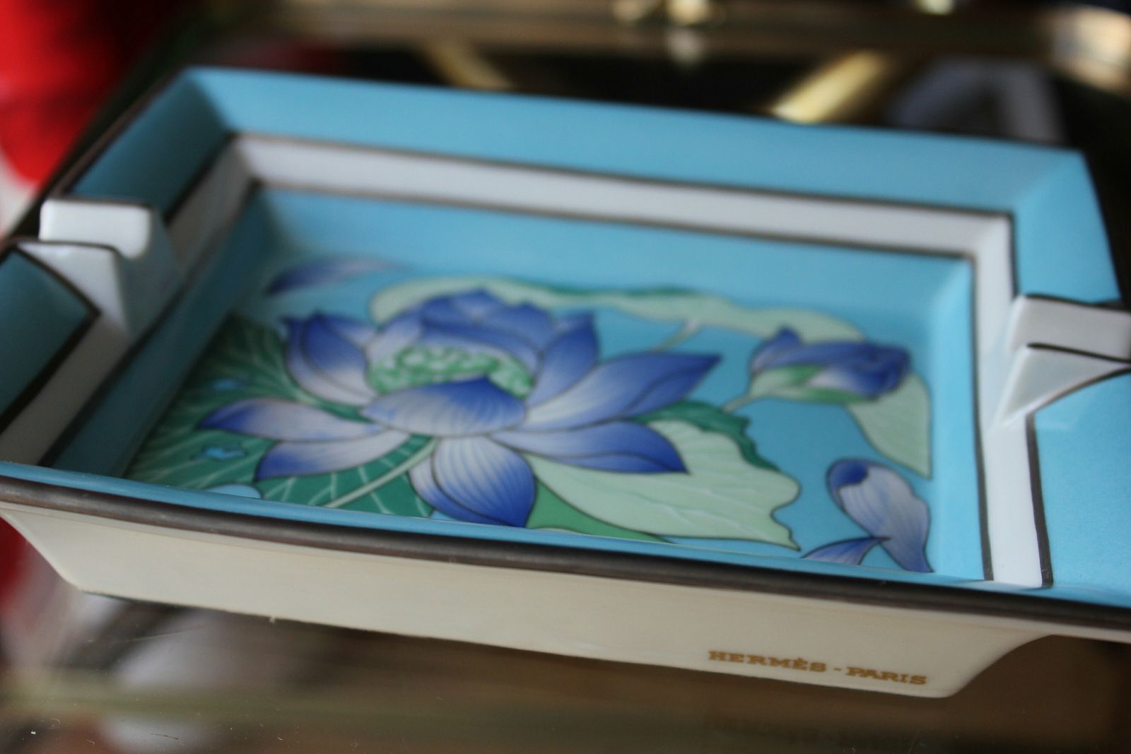 Hermes Porcelain Blue Flowers Ashtray Limoges French Porcelain Two Cigarette Cigars Ash Tray photo for sale