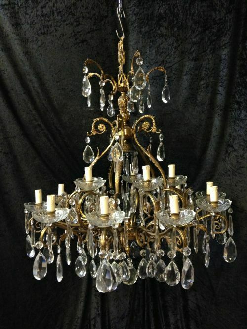 Eighteen Light French Brass And Crystal Antique Chandelier