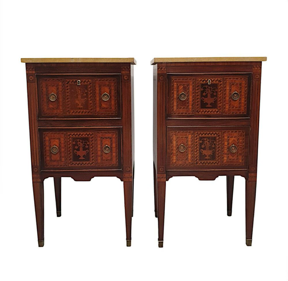 A Fine Pair Of Early 20th Century Highly Inlaid Marble Top Bedside Chests