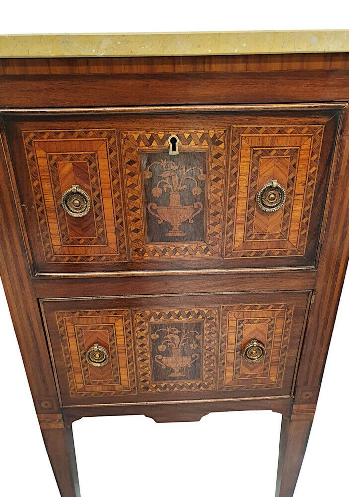 A Fine Pair Of Early 20th Century Highly Inlaid Marble Top Bedside Chests photo for sale