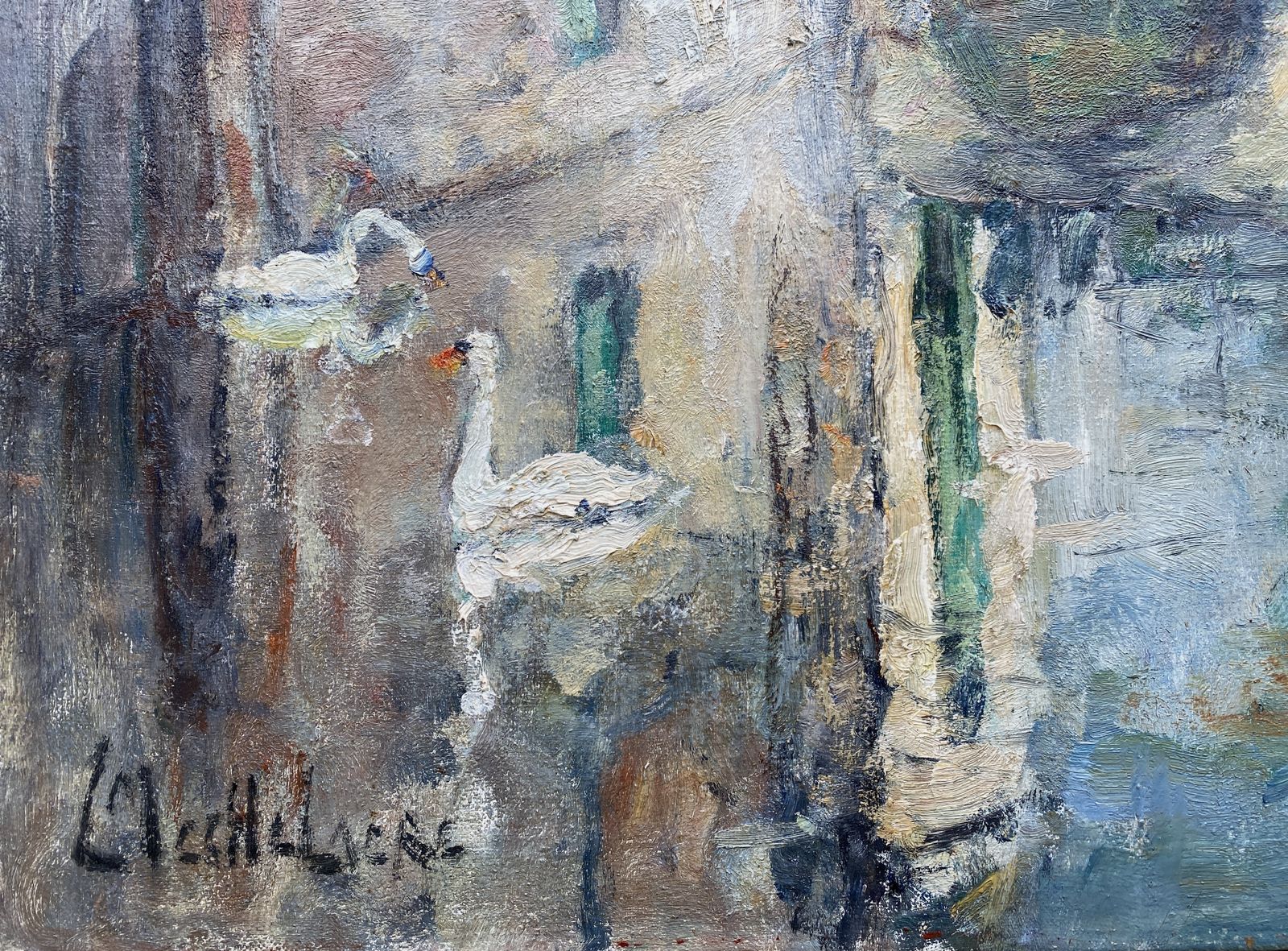 'Swans Of Bruges – Beguinage Bridge' Van Leo Mechelaere, Brugge 1880 – 1964 Erlangen, Belgisch Schilder photo 3500.0
