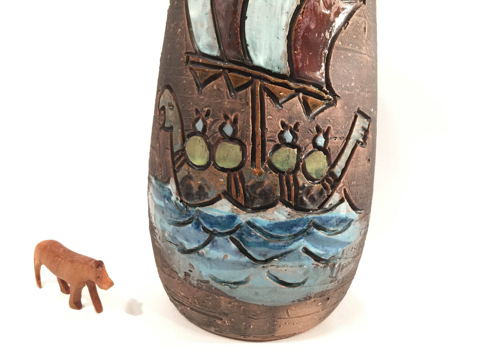 Swedish Chamotte Vase From Tilgmans With Motif Of Vikings In A Dragon Boat, Sweden, Mic Century Modern photo furniture