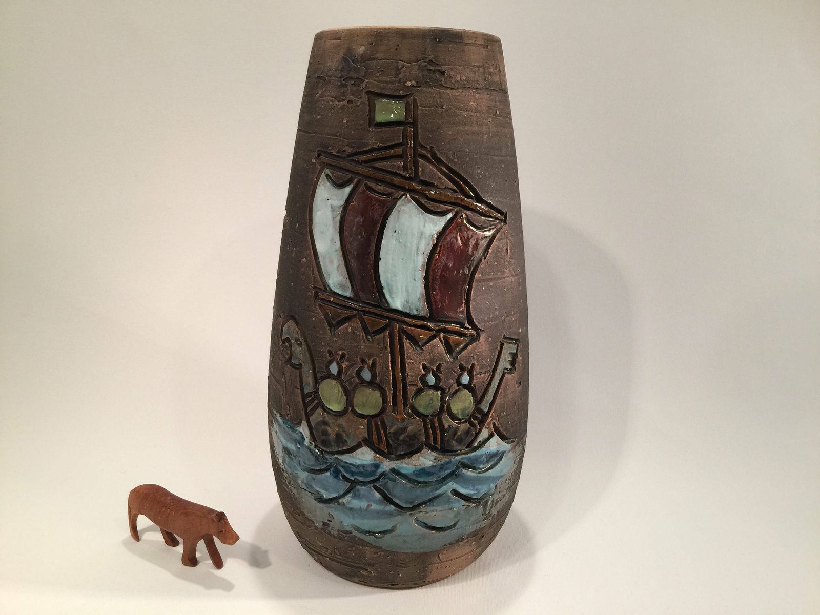 Swedish Chamotte Vase From Tilgmans With Motif Of Vikings In A Dragon Boat, Sweden, Mic Century Modern photo for sale
