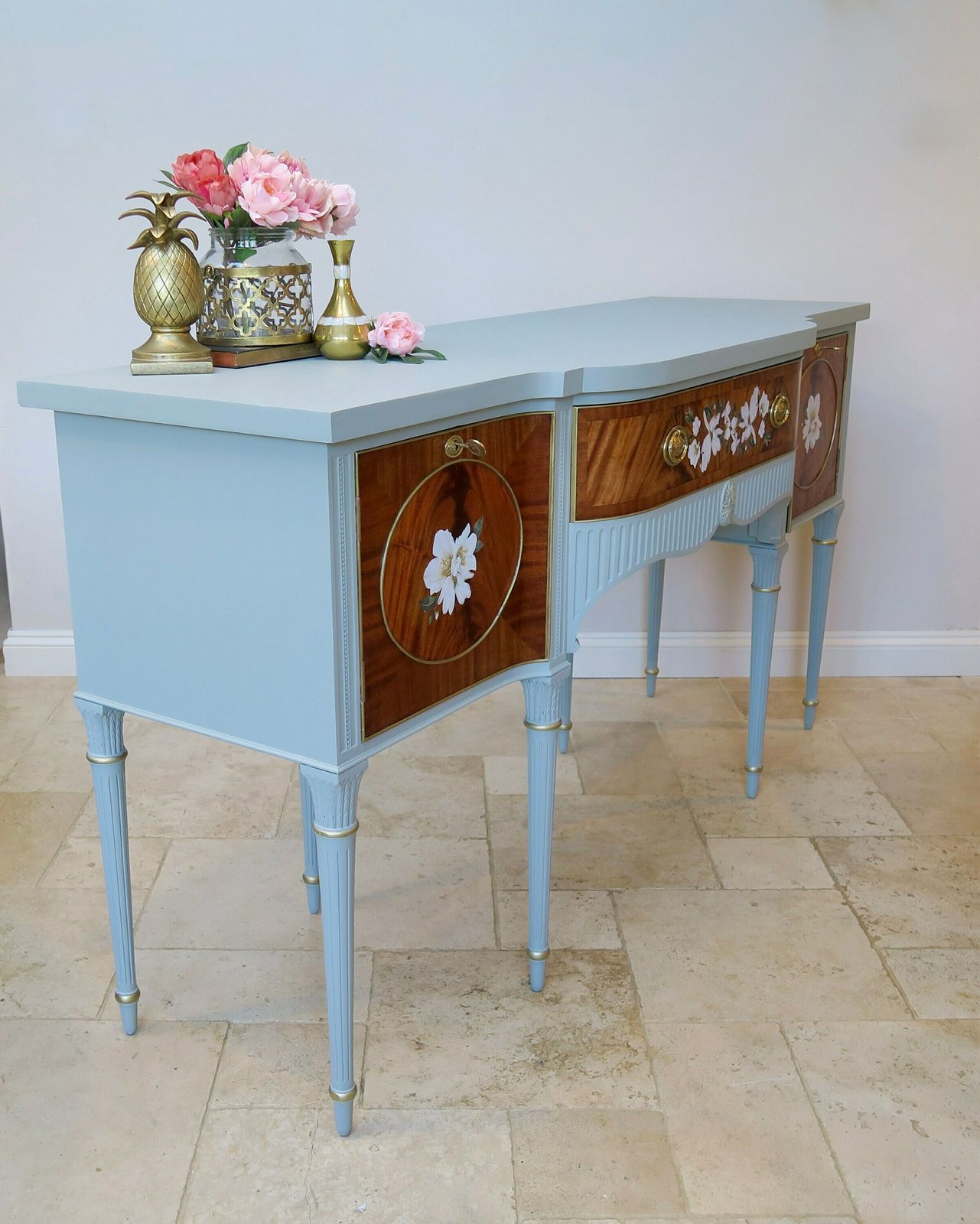 Vintage Mahogany Sideboard, Regency Sideboard, Bow Fronted Cabinet, Floral Magnolia Sideboard, Green Grey Buffet photo for sale