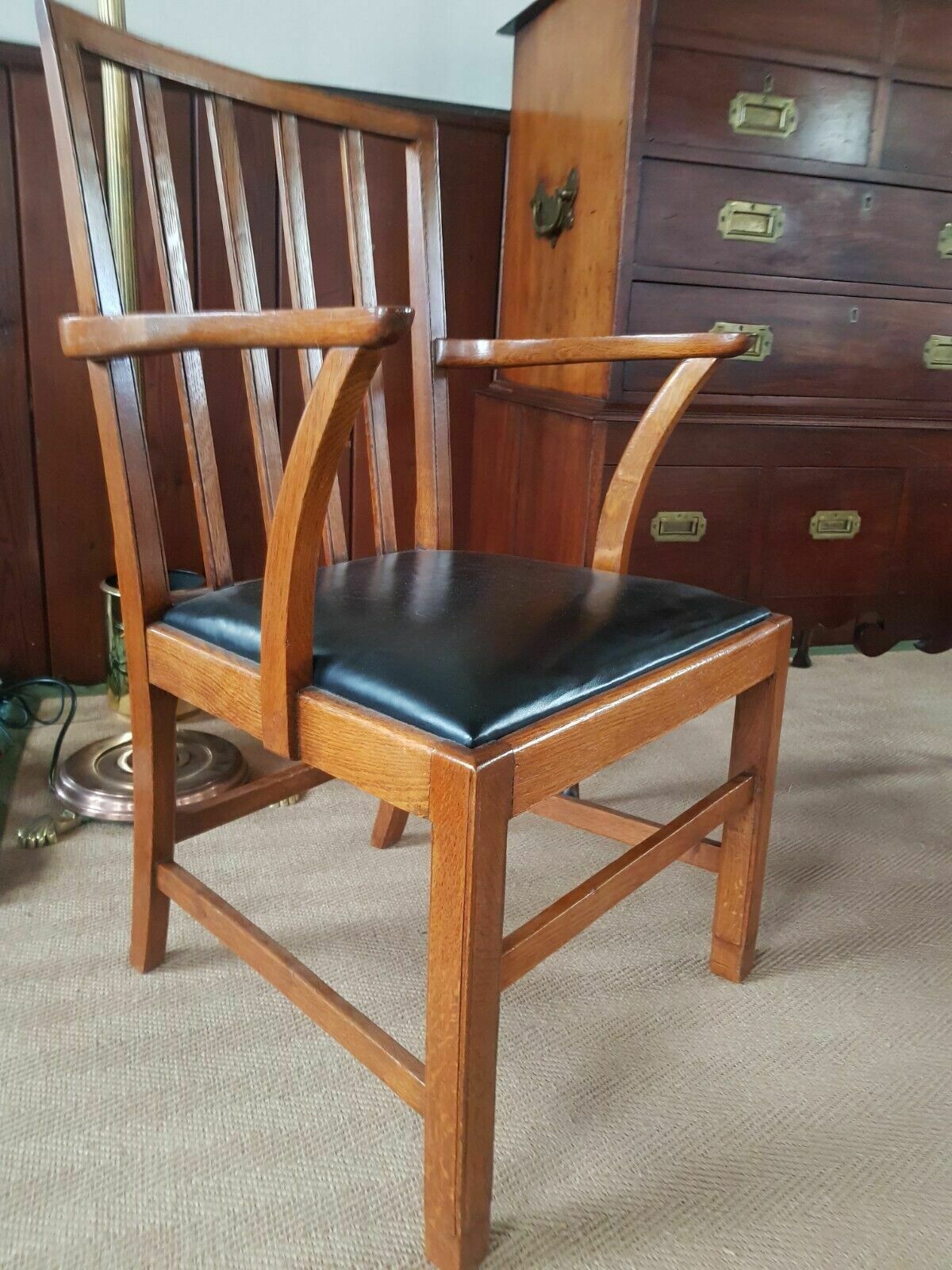 Furniture A Set Of Six Edward Barnsley Oak Leather Chairs 50s photo