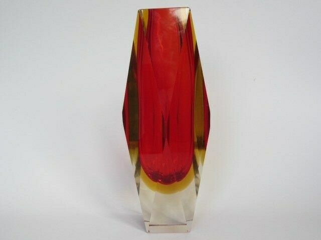 Xxl Space Age Geometric Murano Sommerso Red & Amber Art Glass Vase photo vinterior