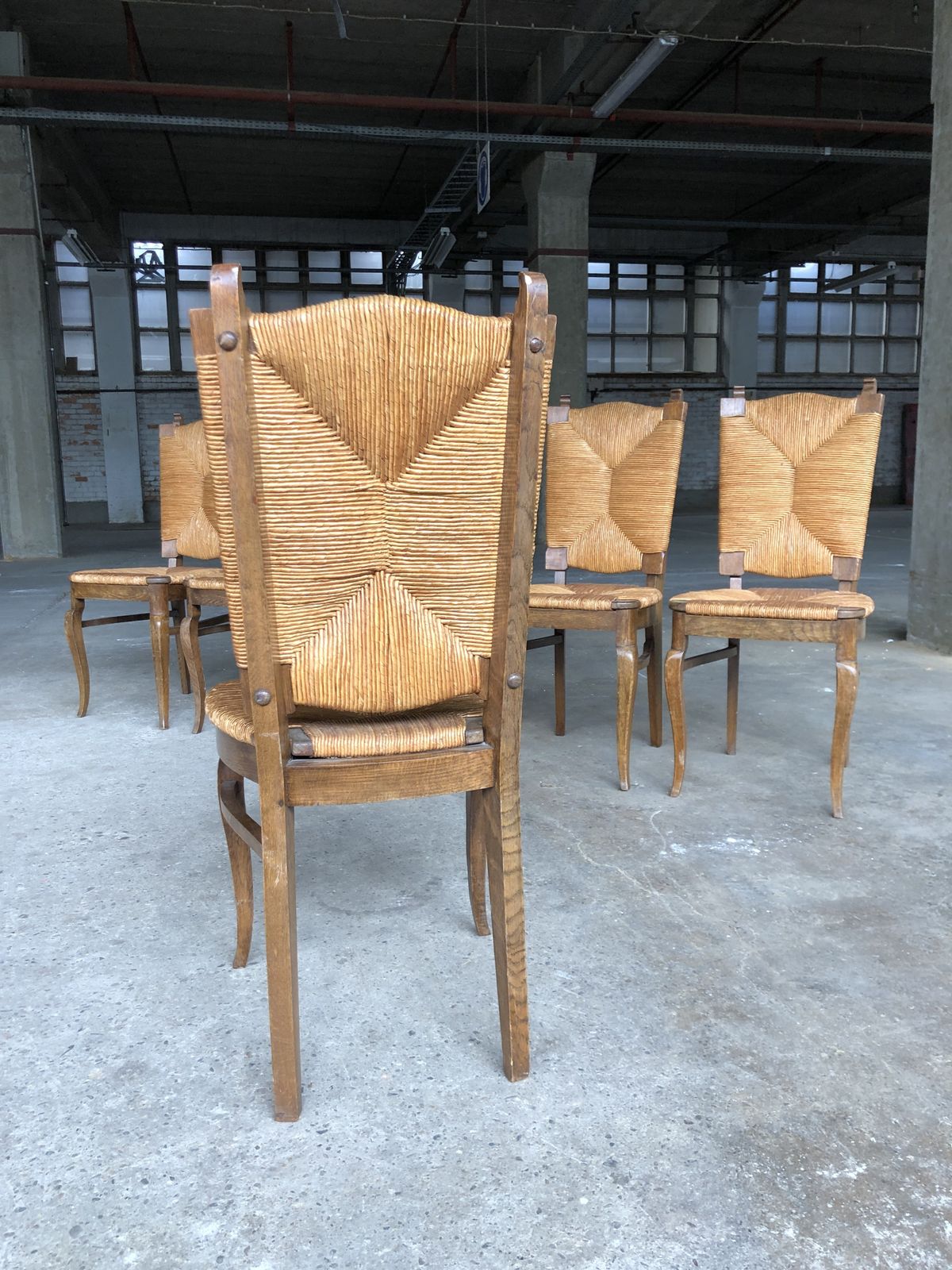 Furniture Dining Chairs With Rush Made Of Oak Wood, France 1950s, Set Of 6 photo