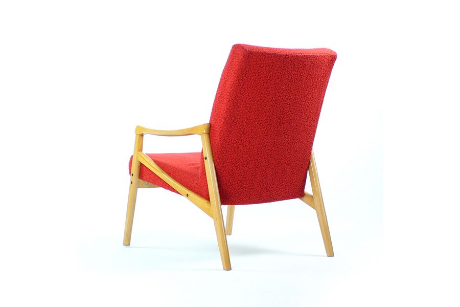 Midcentury Armchair In Light Beech & Red Fabric By Interier Praha, Czechoslovakia 1971 photo Furniture
