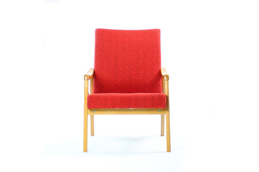 Midcentury Armchair In Light Beech & Red Fabric By Interier Praha, Czechoslovakia 1971 photo 650.0