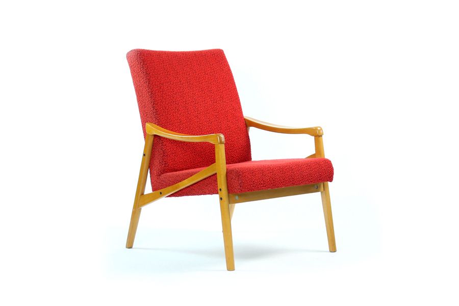Midcentury Armchair In Light Beech & Red Fabric By Interier Praha, Czechoslovakia 1971
