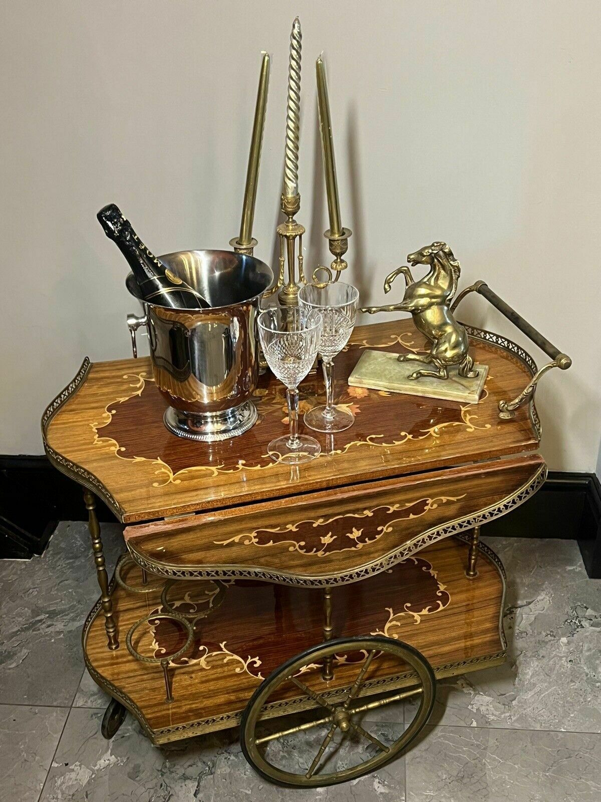 Italian Mid Century Marquetry Double Serpentine Barwagon photo for sale