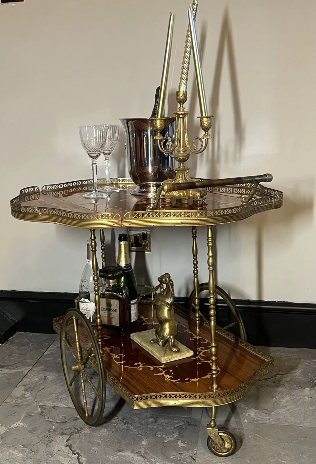 Italian Mid Century Marquetry Double Serpentine Barwagon photo 475.0