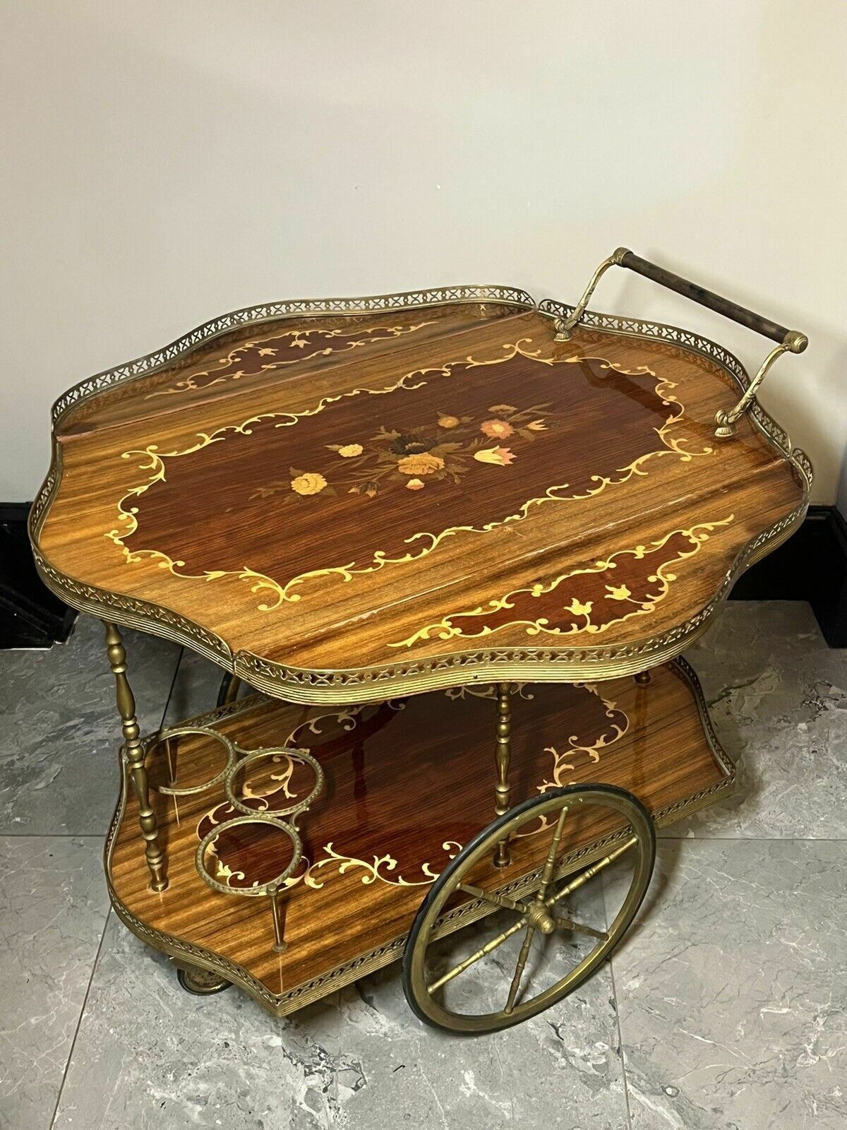 475.0 Italian Mid Century Marquetry Double Serpentine Barwagon photo