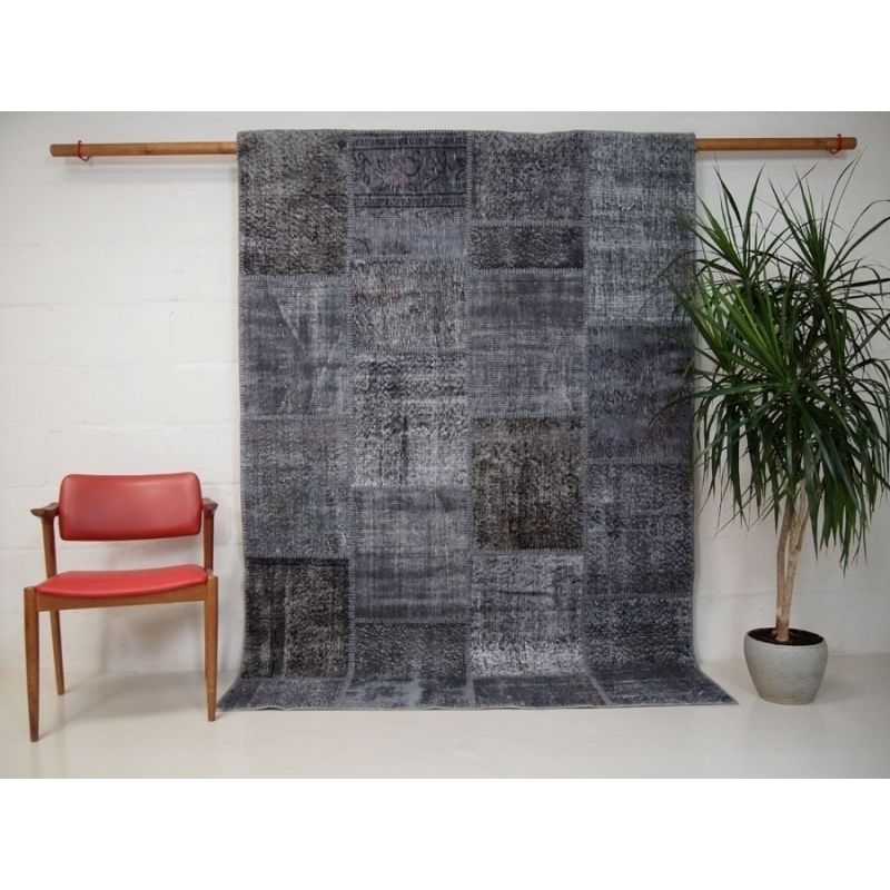 Grey Overdyed Vintage Turkish Hand Stitched Patch Work Rug