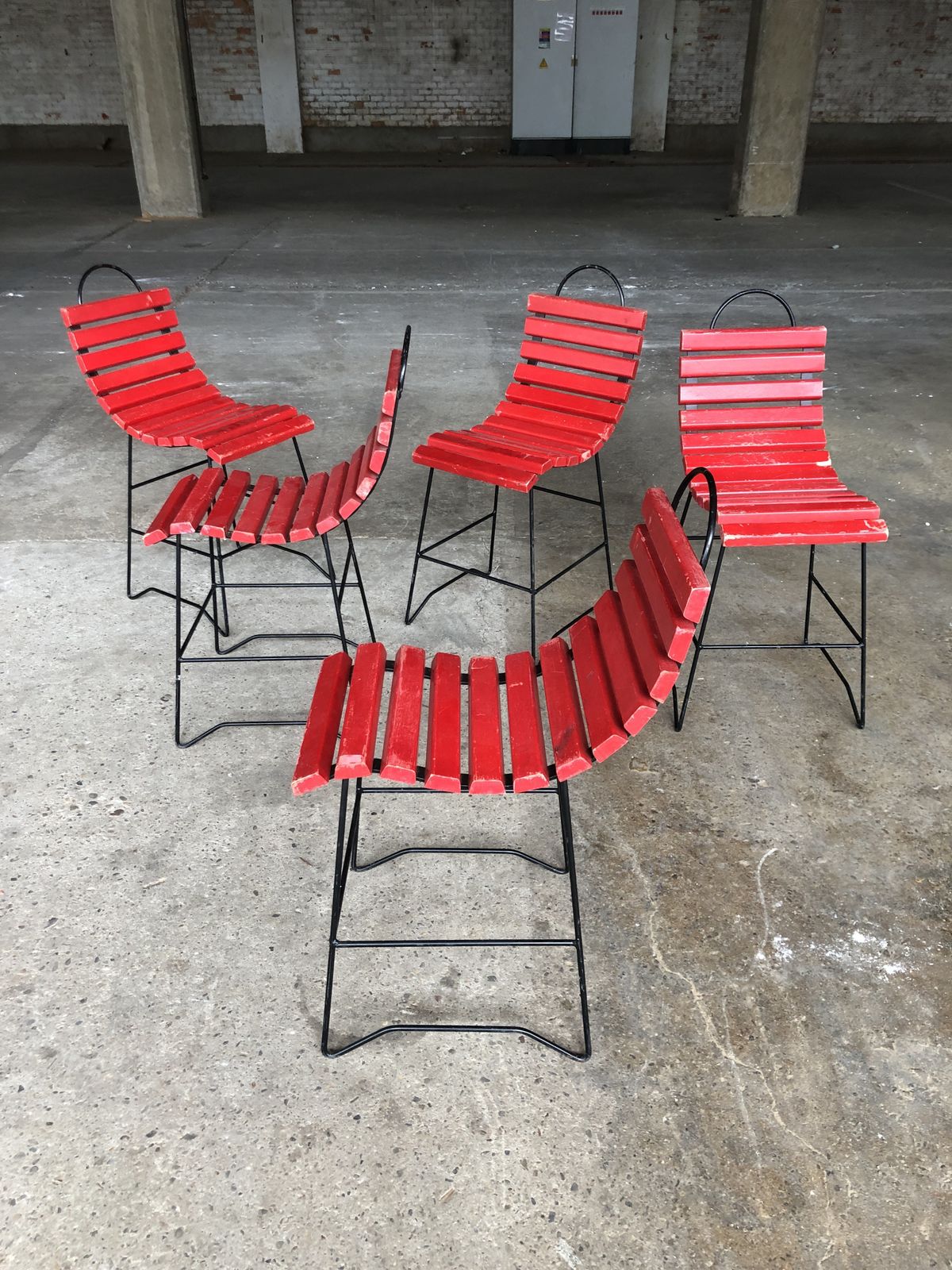 photo vintage Playful Dining Chairs With Wooden Slats, 1960s, Set Of 5