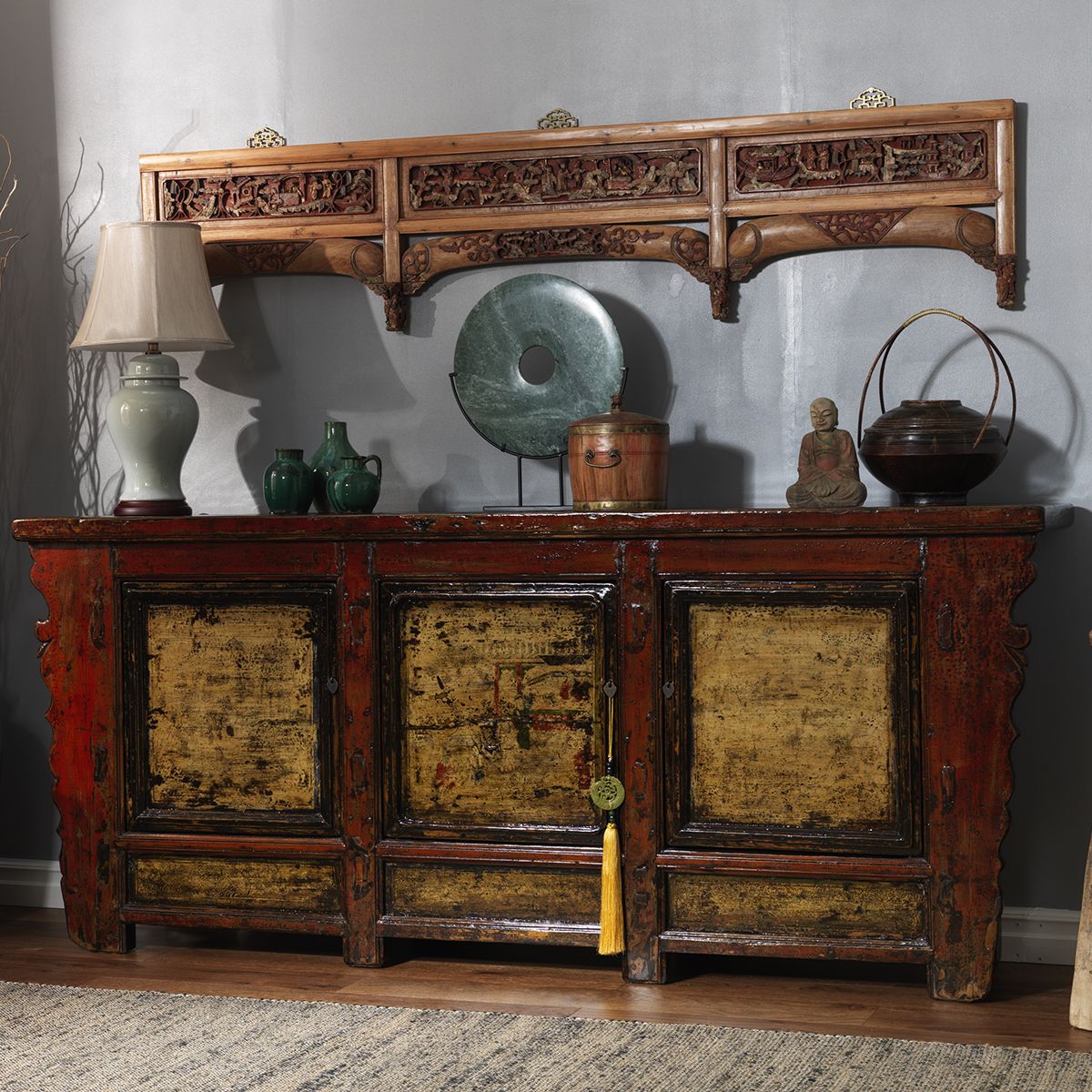 Carved Decorative Bed Fascia In Red And Gold photo furniture