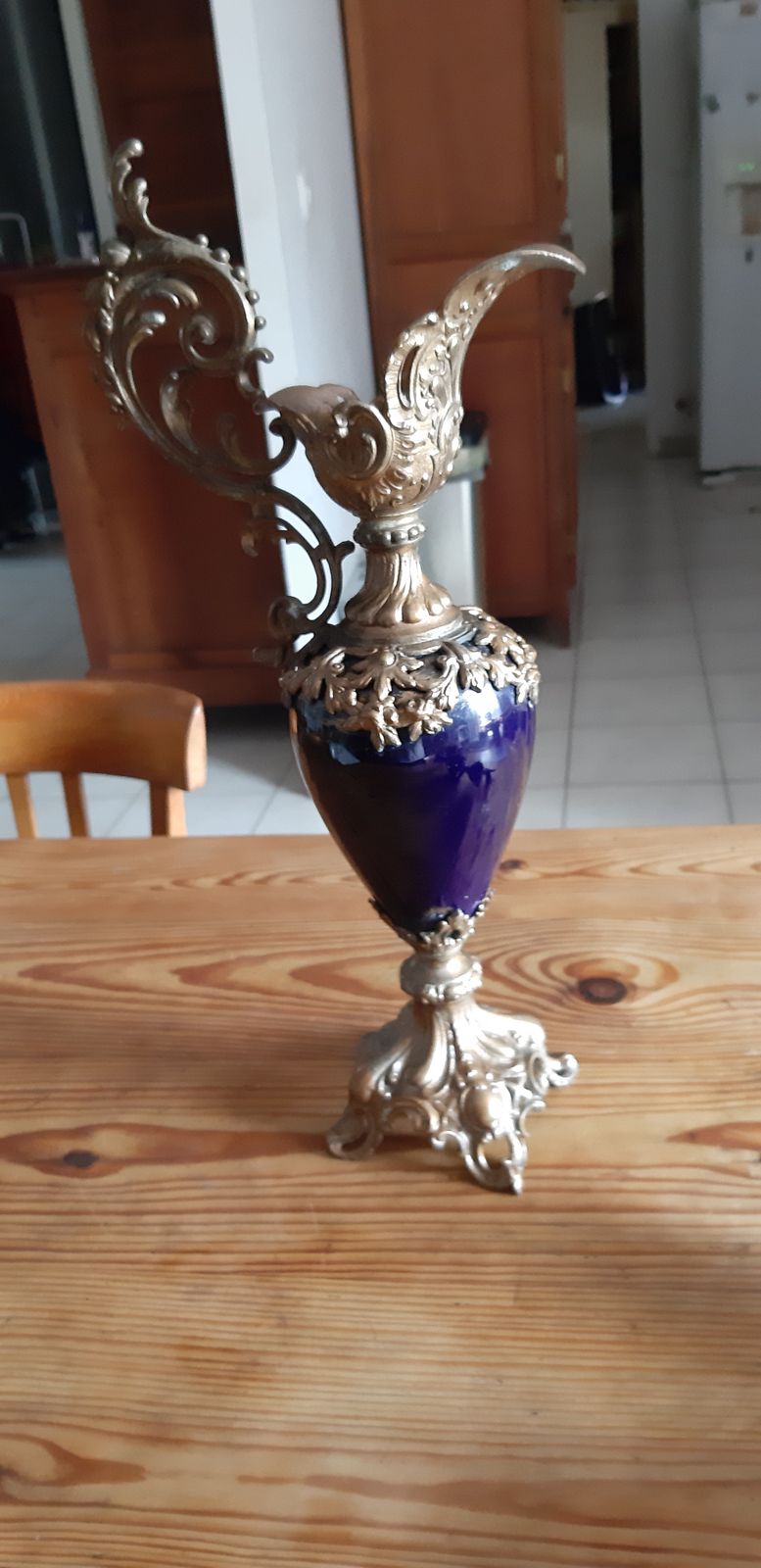 Pair Of Golden Spelter And Blue Glass Ewers photo vintage