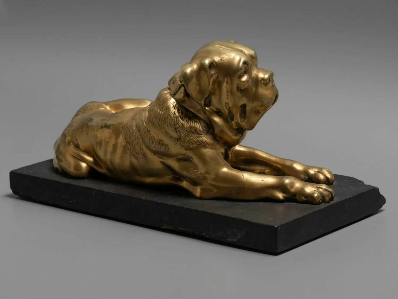 Figure   English Mastiff Dog, Bronze On A Stone Stand 19th Century photo vintage