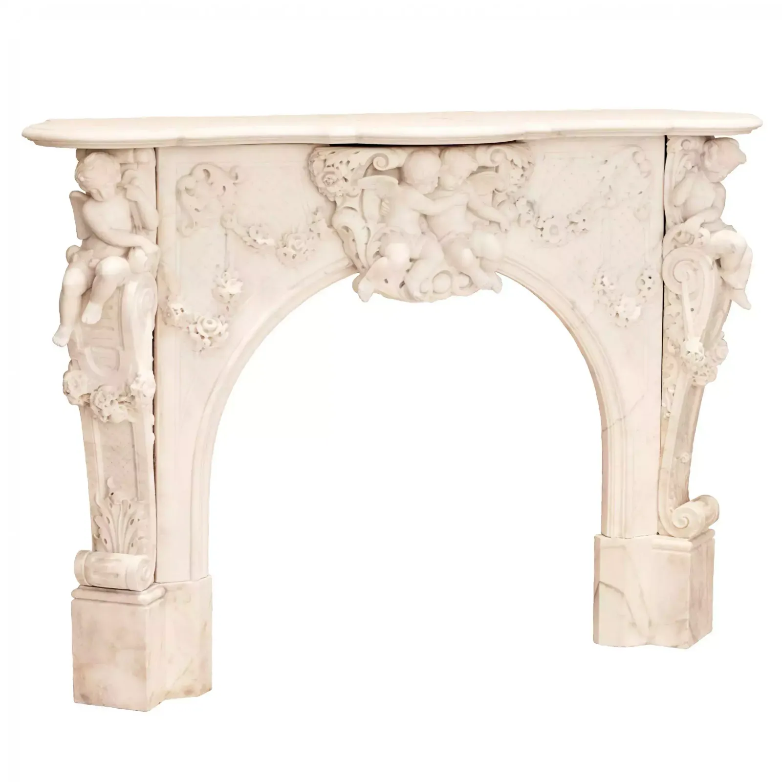 French White Marble Fireplace With Cupids, Louis XV Style. 19th Century