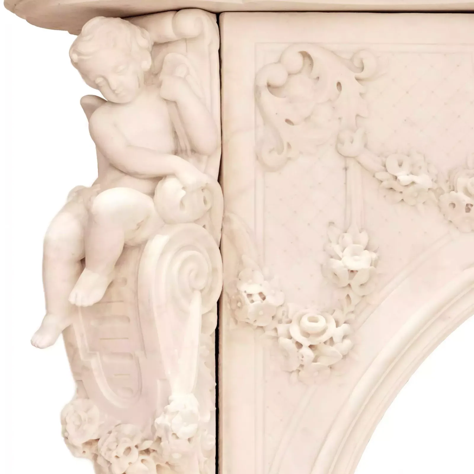 French White Marble Fireplace With Cupids, Louis XV Style. 19th Century photo vintage