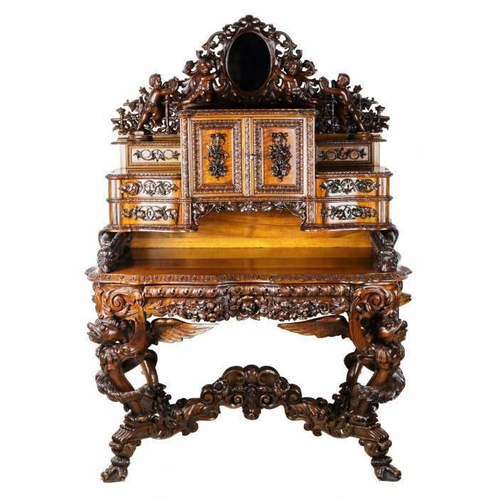 Magnificent Carved Bureau Table In The Baroque Neo Gothic Style. France 19th Century