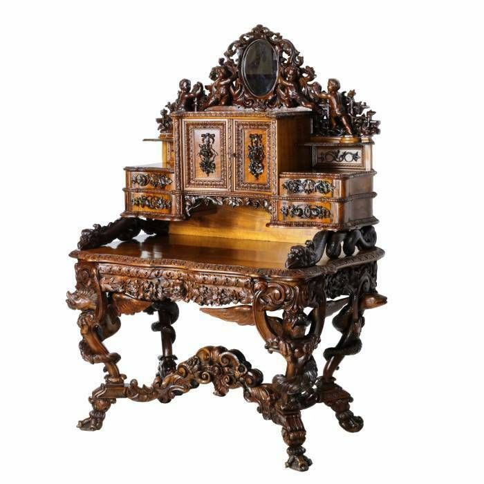 Magnificent Carved Bureau Table In The Baroque Neo Gothic Style. France 19th Century photo furniture