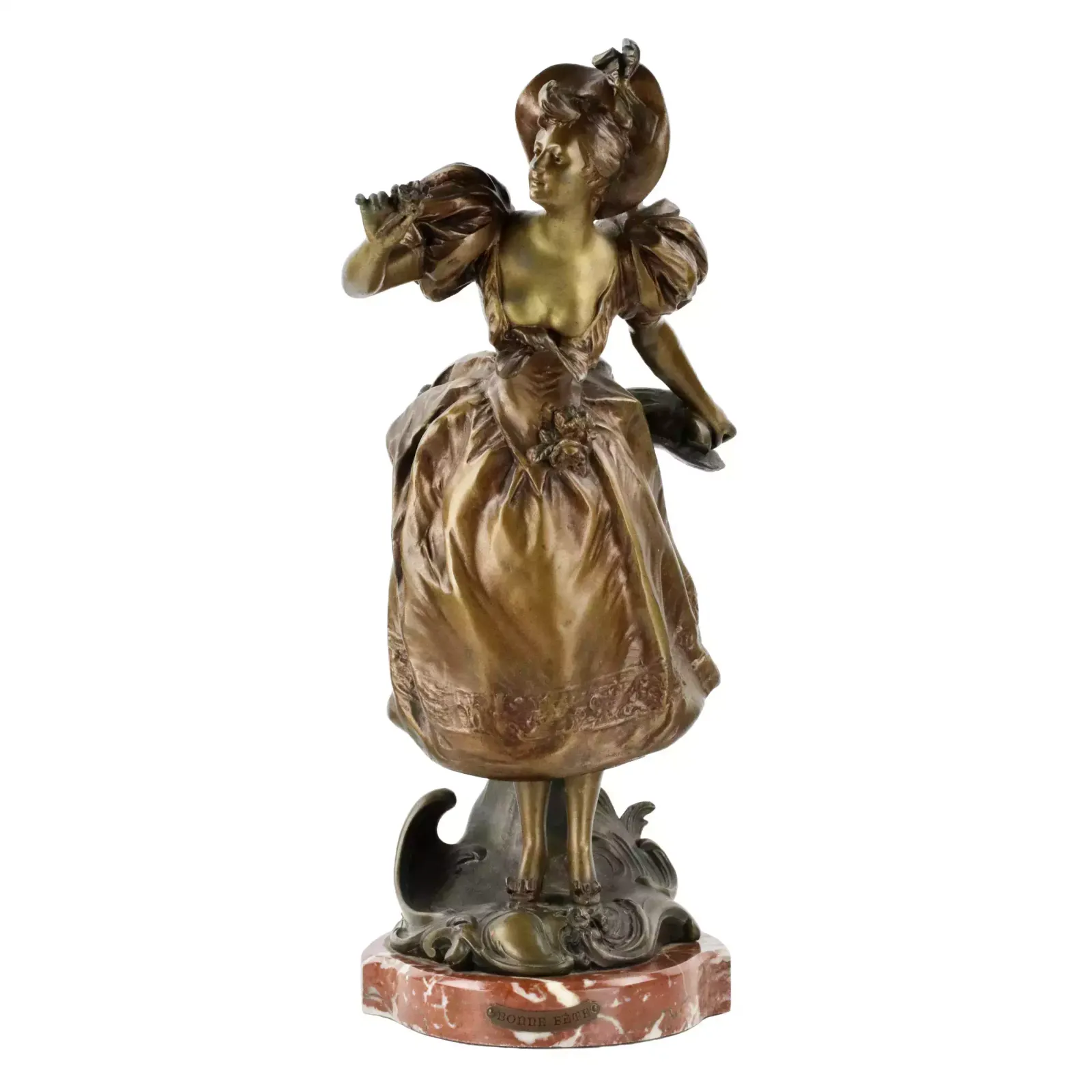 French, Bronzed Metal Figure On A Marble Base. Happy Holiday. photo vinterior
