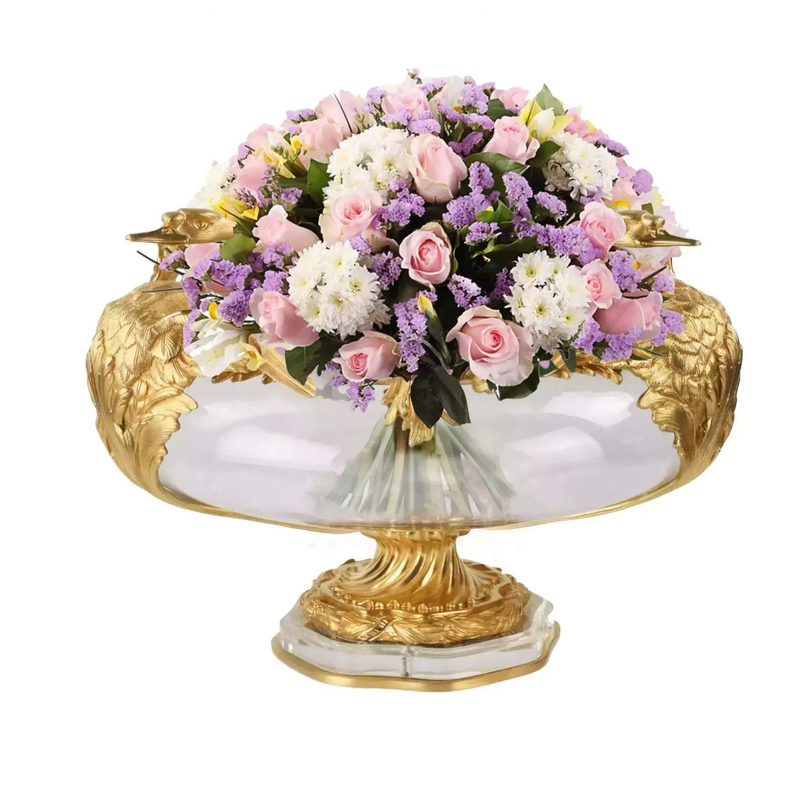 Pair Of Round Vases In Cast Glass And Gilded Bronze With Swans Motif. France 20th Century. photo furniture