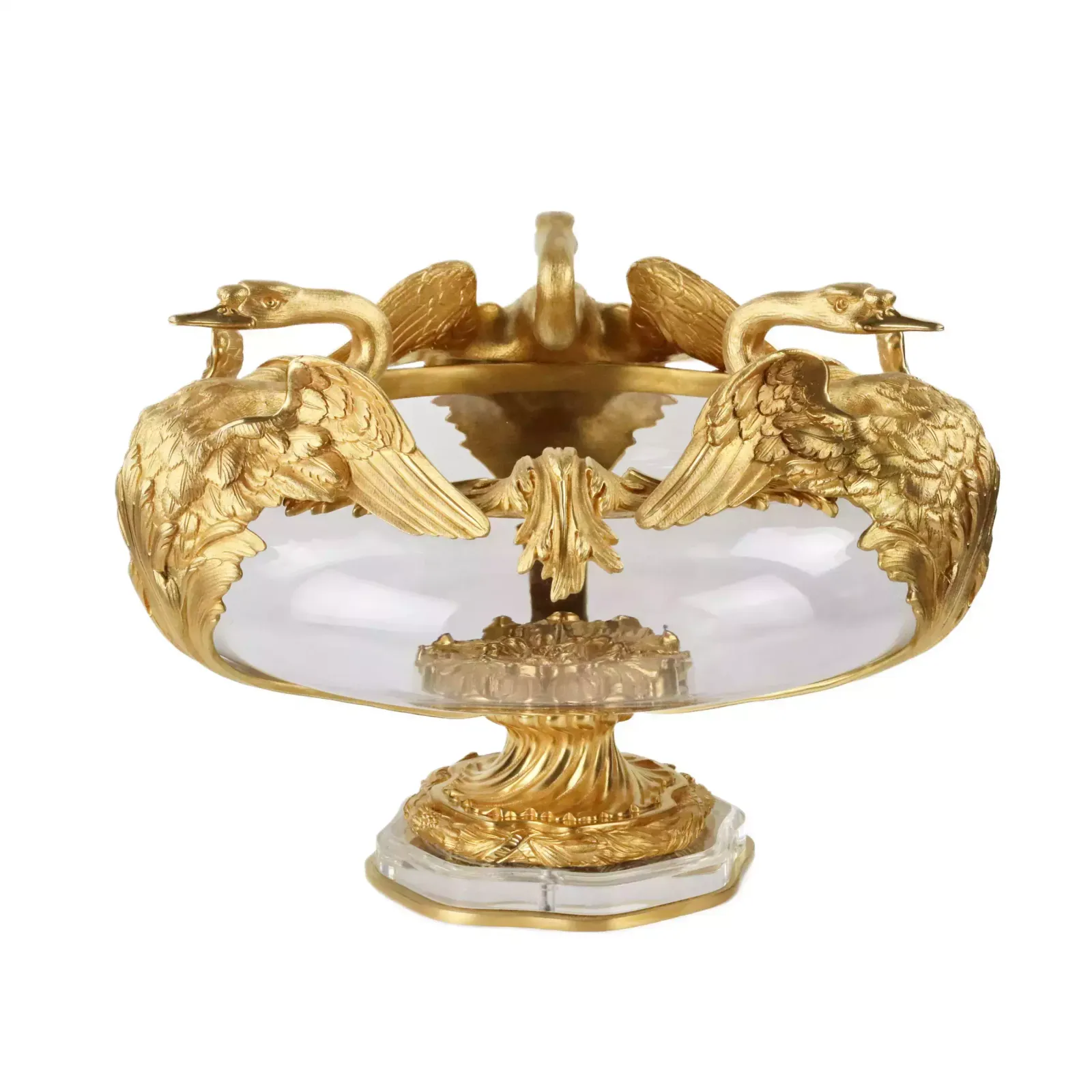 Pair Of Round Vases In Cast Glass And Gilded Bronze With Swans Motif. France 20th Century. photo 14534.0