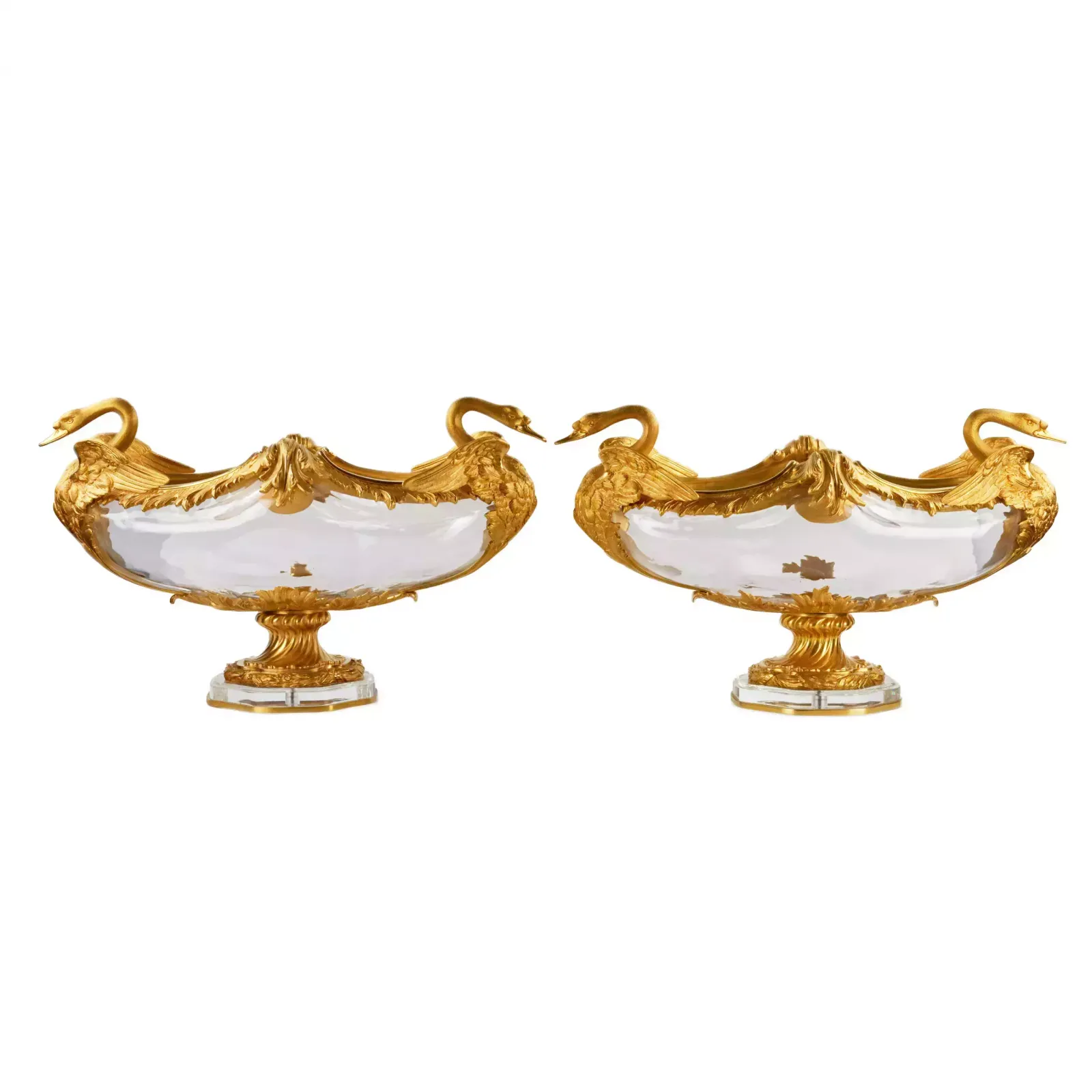 Pair Of Oval Vases In Cast Glass And Gilt Bronze, With Swan Motif. France 20th Century.