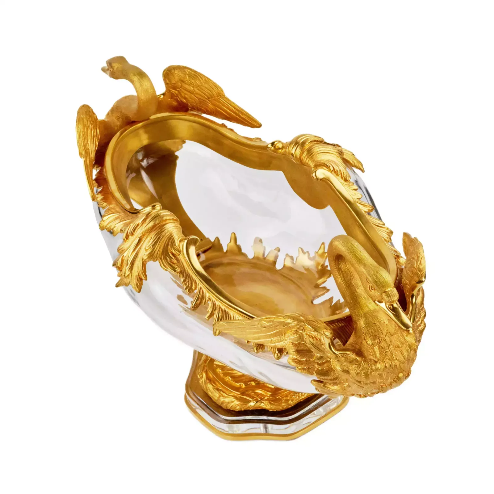 Pair Of Oval Vases In Cast Glass And Gilt Bronze, With Swan Motif. France 20th Century. photo buy