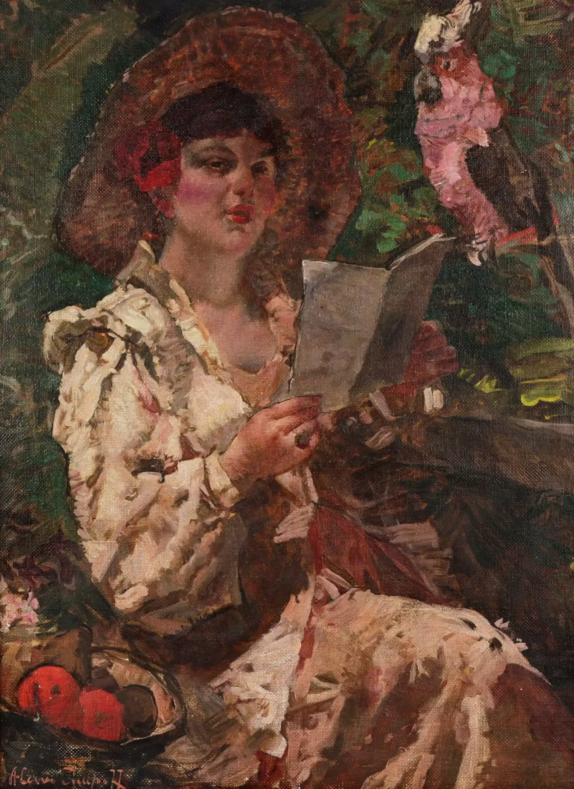 Painting "Lady With A Parrot", Early 20th Century photo Art
