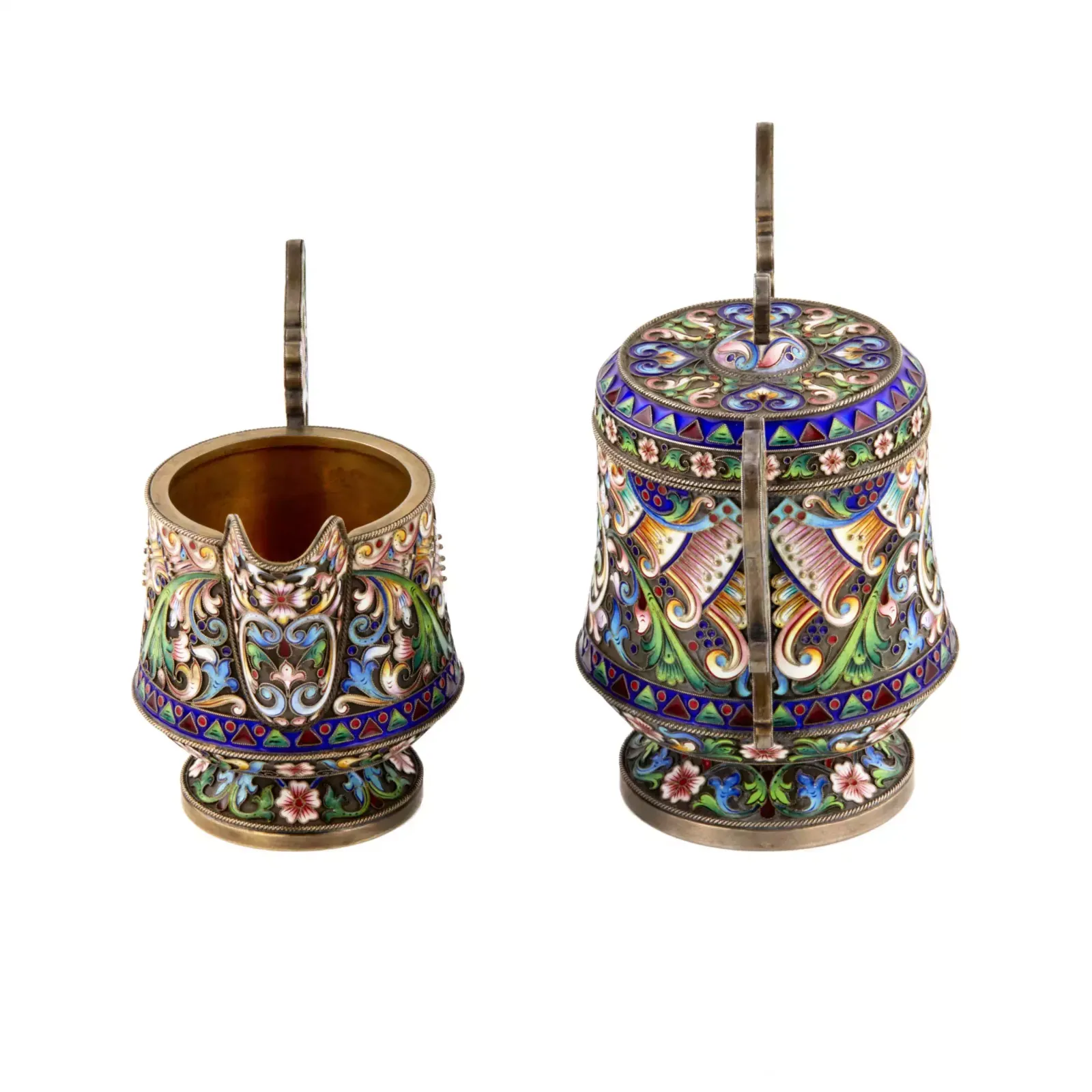 Art Nouveau Cloisonne Enamel Russian Silver Creamer And Sugar Bowl. photo Home Decor