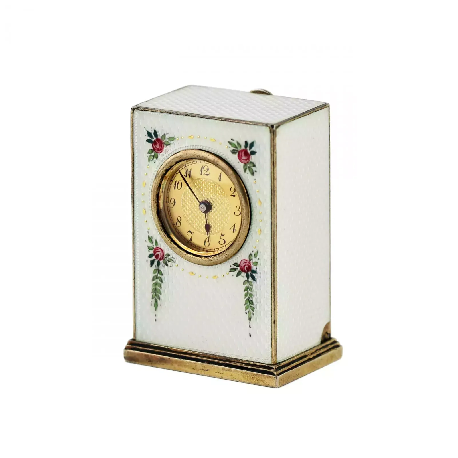 Miniature Travel Clock In A Case, In Silver And Guilloche Enamel, Early 20th Century