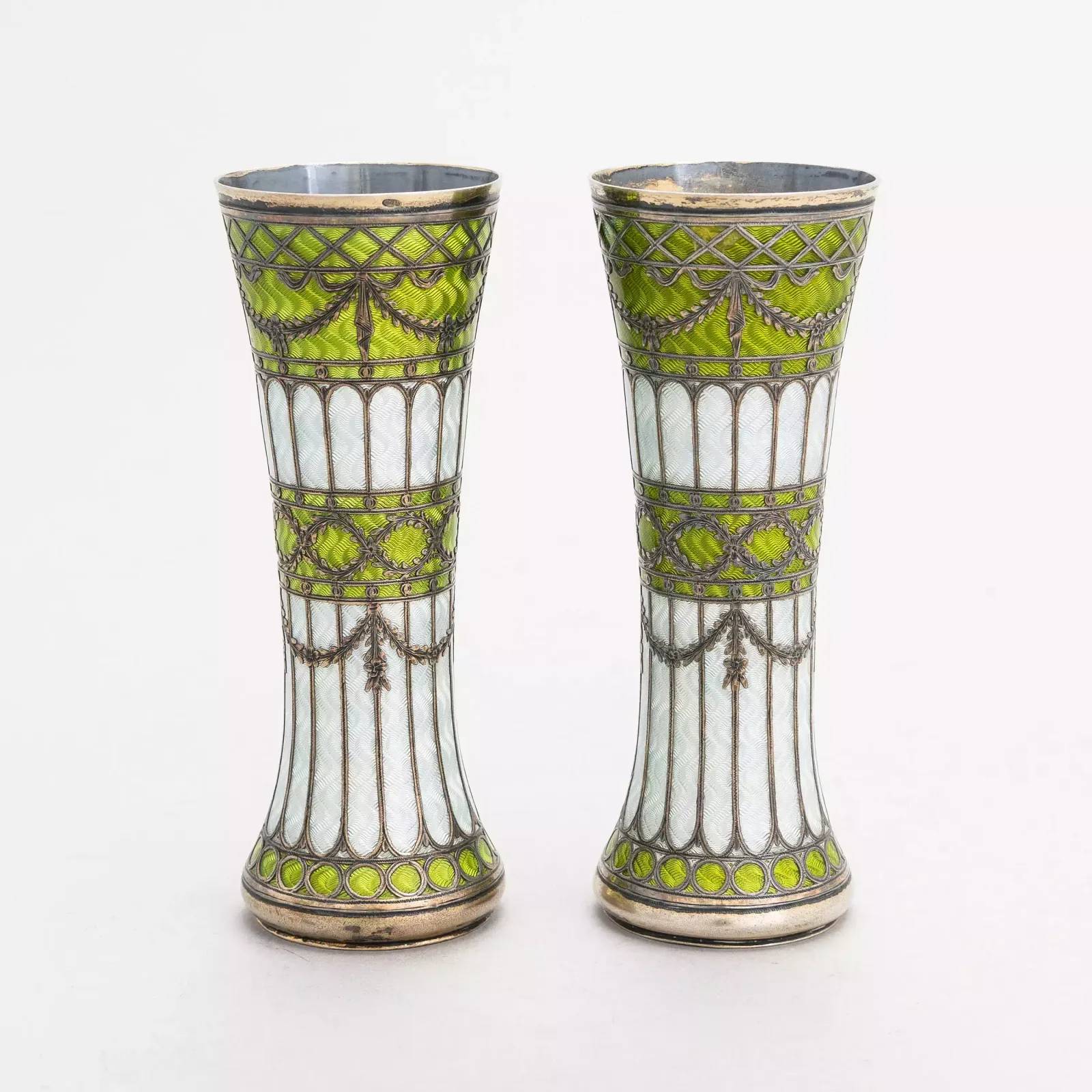 A Pair Of Vases Buds Of Gilded Silver And Guilloche Enamel, Early 20th Century photo furniture