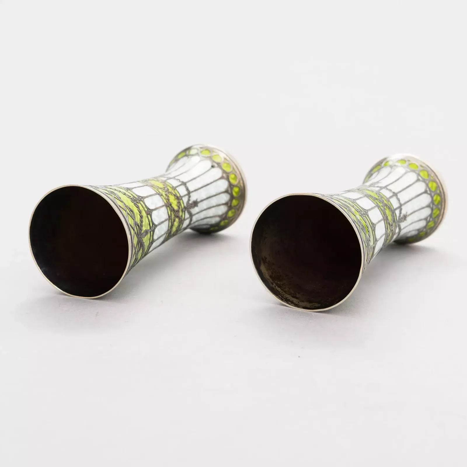 A Pair Of Vases Buds Of Gilded Silver And Guilloche Enamel, Early 20th Century photo for sale